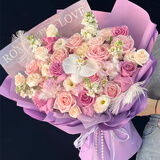 馨仪鲜花速递玫瑰向日葵康乃馨花束生日礼物全国同城配送 19朵粉玫瑰紫玫瑰蝴蝶兰混搭花束