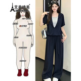 艾美琦美（AIMEIQIMEI）大码胖MM休闲女装夏季大码时尚显瘦假两件短袖条纹T恤阔腿裤套装 藏蓝色套装 XL [建议120-140斤]