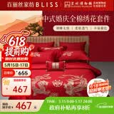 百丽丝水星家纺出品结婚四件套婚庆纯棉刺绣婚房套件大红色被套龙凤刺绣