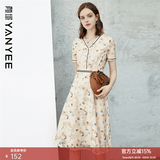 颜域蕾丝碎花连衣裙2026夏装新款女士气质短袖V领洋气印花裙子 花色1 XL/42