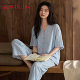 古今（GUJIN）三件套双层棉纱100%棉纯棉短袖睡衣女夏季家居服睡裤可外穿套装L