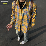 Homlean美式黄色格子衬衫男长袖慵懒叠穿格纹上衣情侣外套HL01黄色M