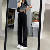 名格雅顿高腰阔腿牛仔裤女新款春秋垂感小个子直筒拖地裤宽松显瘦长裤 黑色 M码【建议95-110斤】
