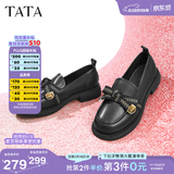 他她（TATA）通勤百搭乐福鞋春季新款方跟小皮鞋女一脚蹬单鞋WCPA1AA5 黑色 39