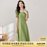 尚都比拉短袖连衣裙女夏季时尚通勤中长款a字裙钉珠收腰显瘦裙子 绿色 XL