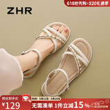 ZHR凉鞋女夏季外穿配裙子休闲女鞋仙女一字带粗低跟平底鞋CE56米色37