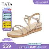他她（TATA）绝美坡跟凉鞋女外穿一字带时装凉鞋秋季新款7UA03BL4 金色 34