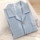 眠岛 情侣睡衣春秋季纯棉女士长袖磨毛绒布日系格子可外穿男士家居服 男款时尚蓝 M