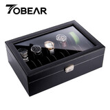 TOBEAR黑色高档表盒 大容量开窗手表收纳盒欧式首饰珠宝手链盒展示盒 碳纤维10表位开窗