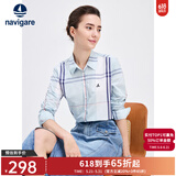 Navigare意大利小帆船女士长袖衬衫春秋季休闲格子衬衣莱赛尔高档寸衫 蔚蓝/白 XL