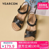 意尔康皮鞋女软底坡跟平底鞋中年妈妈魔术贴皮凉鞋 18075W 黑色 38