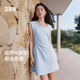 森马（Semir）连衣裙女夏季U领纯色褶皱短袖短裙2026简约风设计感109326114005
