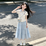 柚一杉女童夏季套装连衣裙2026新款公主裙女孩中大童裙子学院风短袖翻领 蓝色 140 建议身高135cm左右