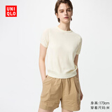 优衣库精纺美利奴羊毛圆领针织衫/短袖女装通勤478335 01 乳白色 L