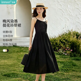 茵曼（INMAN）夏季提花肌理女装纯色吊带连衣裙显瘦百搭风中长裙子 黑色 L