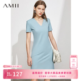 AMII女装2026气质垫肩V领连衣裙夏季新款温柔风小黑裙修身 灰蓝 S 155/80A
