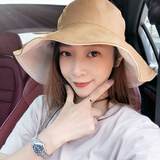 格微诗 帽子渔夫帽女纯棉夏天韩版日系百搭大沿太阳帽遮脸网红双面防晒遮阳帽 卡其+米色