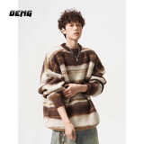 OEMG  马海毛圆领毛衣男士秋冬季款潮牌条纹宽松休闲针织衫上衣外套 棕色 XL [建议110-130斤]