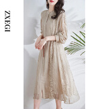 ZXEGI杭州重磅100%真丝连衣裙春夏新款刺绣裙子收腰显瘦桑蚕丝长裙女 米杏 M