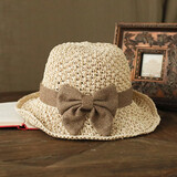 MISMEMO帽子女夏天出游遮阳草帽小沿渔夫帽简约蝴蝶结圆顶太阳帽休闲