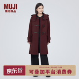 MUJI女式 羊毛混牛角扣大衣长款连帽毛呢呢子外套秋冬季外衣女装 深紫红色 S (155/80A)