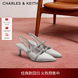 CHARLES&KEITH亮钻一字带尖头包头复古高跟凉鞋婚鞋子女鞋生日礼物CK1-61720199 Light Grey浅灰色 39