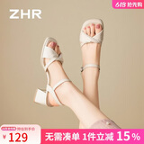 ZHR则则凉鞋女夏季复古法式一字带粗跟女鞋气质增高跟鞋子女JF593米色37