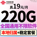中国联通（UNICOM）联通流量卡4g5g长期流量卡不限速大王卡手机卡全国通用电话卡低月租纯流量卡 永久卡19元220G全国通用+不限软件+一直不变