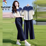 啄木鸟（TUCANO）韩版撞色两件套女夏季宽松百搭五分短袖衬衫上衣+阔腿裤时尚套装 套装【上衣+裤子】 3XL 建议145-160斤