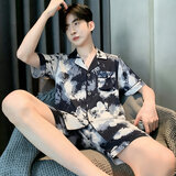 雅鹿冰丝睡衣男夏季短袖短裤夏天青少年男士仿真丝绸大码家居服套装 NSCBF-水墨画短袖短裤 XL 建议【130-145斤】