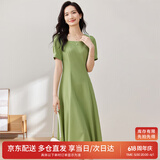尚都比拉短袖连衣裙女夏季时尚通勤中长款a字裙钉珠收腰显瘦裙子 绿色 S