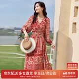尚都比拉春秋中长款印花红色连衣裙气质女神范显瘦度假裙子 红花 S 