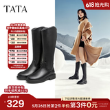 他她（TATA）黑色V口长筒靴女英伦加绒抗寒高筒靴骑士靴冬季G5JA1DG2 黑色（绒里） 36