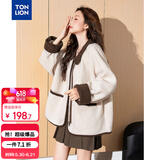唐狮（TonLion）2025冬女翻领异材质拼接仿毛复合麂皮绒短款外套
