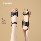 奥康（Aokang）女鞋坡跟一字带凉鞋牛皮舒适日常休闲外穿妈妈鞋T666688810黑36码