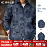 马登工装美式复古boro蓝染拼接丹宁衬衫百家布牛仔长袖衬衣男春 牛仔蓝 L