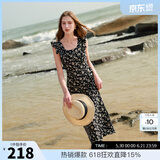 三彩2025秋款U领浪漫碎花雪纺裙印花大摆连衣裙长裙M 黑米花卉 M 160/84A