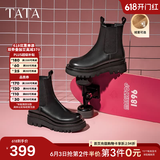 他她（TATA）英伦风切尔西靴女显瘦加绒厚底烟筒靴时装靴冬新GXB01DD4 黑色（绒里） 38