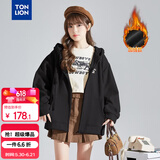 唐狮（TonLion）2026春季新款针织外套女休闲卫衣开衫连帽上衣 加绒款/黑色 XL
