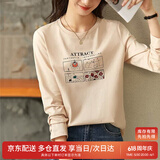 尚都比拉IP联名印花纯棉长袖t恤女春秋圆领显瘦百搭女装上衣 杏色 L 