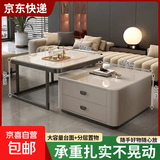 茶几家用客厅大理石岩板2025新款轻奢方形玻璃现代简约小户型茶桌 黑架灰柜 (60鱼肚白+70鱼肚白)