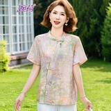 婉荷中老年妈妈装上衣夏季短袖t恤新中式唐装上衣夏装薄款小衫衬衫