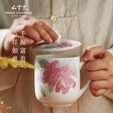 红官窑陶瓷泡茶杯带盖家用办公室定制茶杯套装实用送人礼物水杯整套白瓷 国色天香450ml1只