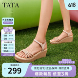 他她（TATA）绝美坡跟凉鞋女度假一字带时装凉鞋夏季7MY14BL4 金色 39