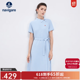 Navigare意大利小帆船短袖连衣裙女士夏季棉质斜领裙子时尚显瘦半袖a字裙 冰水蓝 XL 码