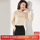 尚都比拉长袖纯棉t恤女春秋宽松显瘦内搭打底衫刺绣上衣 浅杏色 XL 