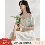 茵曼（INMAN）亚麻吊带植物碎花连衣裙女2026年夏季法式方领泡泡袖蓝色长裙 月蓝连衣裙-18424791 S