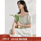 茵曼（INMAN）亚麻吊带植物碎花连衣裙女2026年夏季法式方领泡泡袖蓝色长裙 月蓝连衣裙-18424791 L