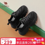 骆驼（CAMEL）老爹鞋女网布皮面拼接双系带厚底休闲鞋 L24S283079 黑色 38