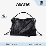 GROTTO个乐翻领包真皮大容量通勤小众机车风手提单肩斜挎包通勤礼物 经典黑(牛皮)  L